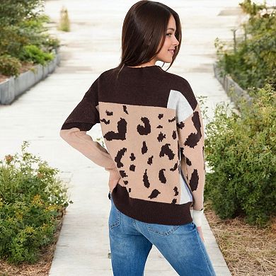 Women's Color Block Knit Sweater with Animal Print and Long Sleeves