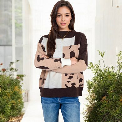 Women's Color Block Knit Sweater with Animal Print and Long Sleeves