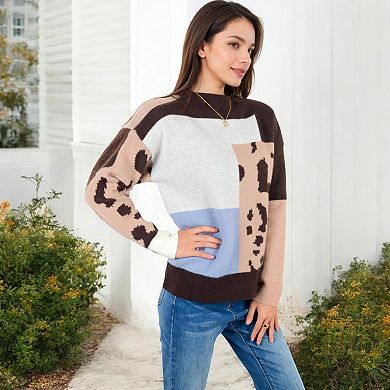 Women's Color Block Knit Sweater with Animal Print and Long Sleeves