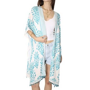 Women's Open Front Duster with Bohemian Print and Tassel Trim