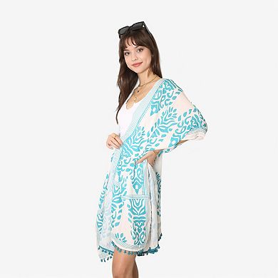 Women's Open Front Duster with Bohemian Print and Tassel Trim