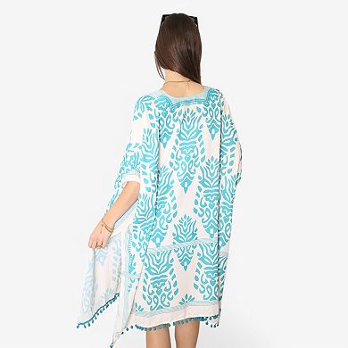 Women's Open Front Duster with Bohemian Print and Tassel Trim