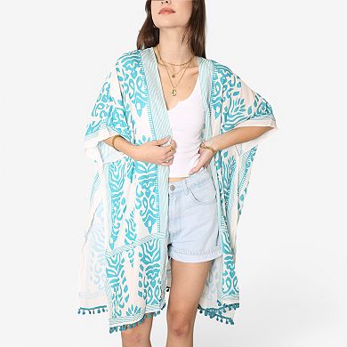 Women's Open Front Duster with Bohemian Print and Tassel Trim