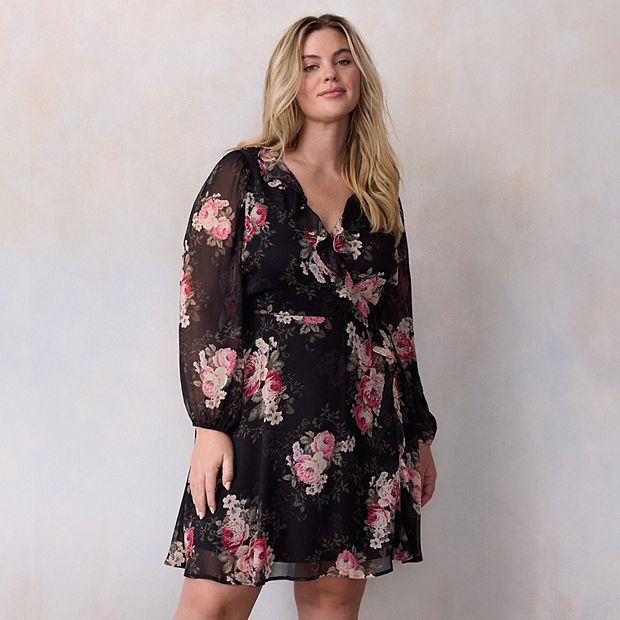 plus size fit and flare mini dress Women Plus Size Solid Black Dobby Weave Square Neck Chiffon Pleated Fit & Flare  Mini Dress