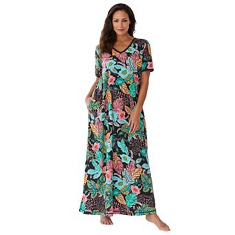 Dreams & Co. Plus Size V-Neck Short Sleeve Maxi Lounger