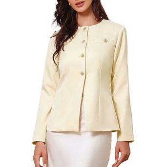 Elegant Work Blazer for Women's Collarless Button Down Long Sleeve Peplum Jackets