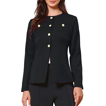 Elegant Work Blazer for Women's Collarless Button Down Long Sleeve Peplum Jackets