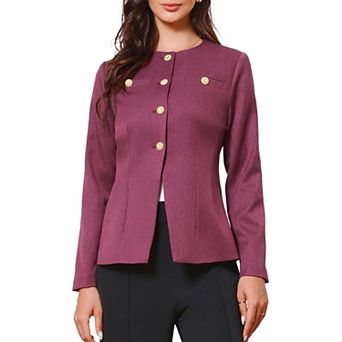 Elegant Work Blazer for Women's Collarless Button Down Long Sleeve Peplum Jackets