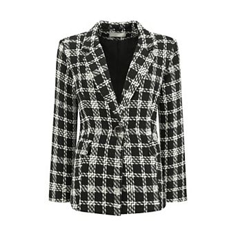 Women's Plaid Tweed Blazers Notched Lapel Business Casual One Button Suit Jackets