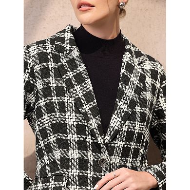 Women's Plaid Tweed Blazers Notched Lapel Business Casual One Button Suit Jackets