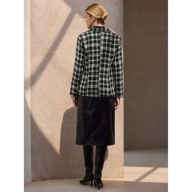 Women's Plaid Tweed Blazers Notched Lapel Business Casual One Button Suit Jackets