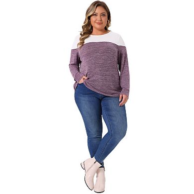 Plus Size Top for Women Color Block Long Sleeve Crewneck Knitted Blouse Loose Pullover Shirts Tops