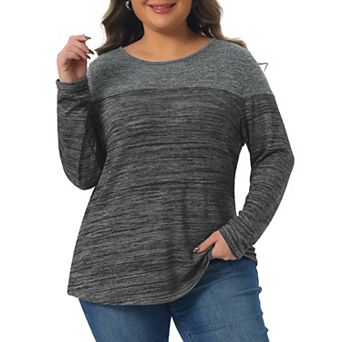Plus Size Top for Women Color Block Long Sleeve Crewneck Knitted Blouse Loose Pullover Shirts Tops