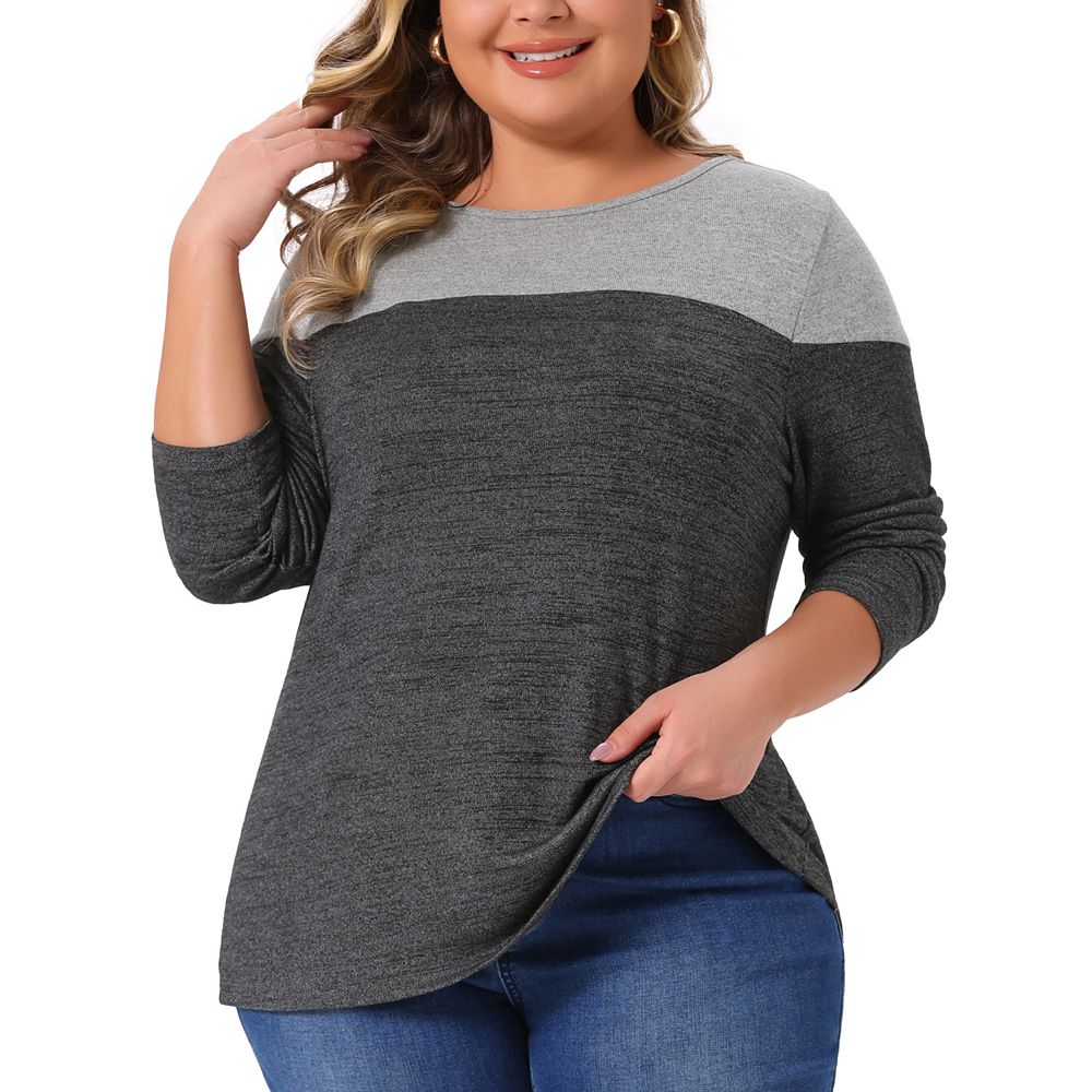 Plus Size Top for Women Color Block Long Sleeve Crewneck Knitted Blouse ...
