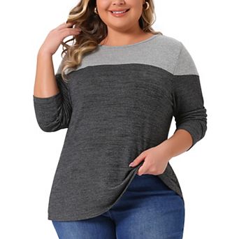 Plus Size Top for Women Color Block Long Sleeve Crewneck Knitted Blouse Loose Pullover Shirts Tops