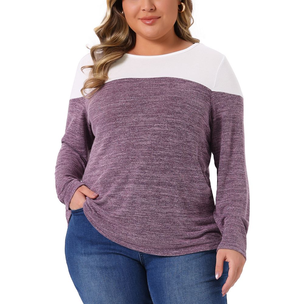 Plus Size Top for Women Color Block Long Sleeve Crewneck Knitted Blouse ...