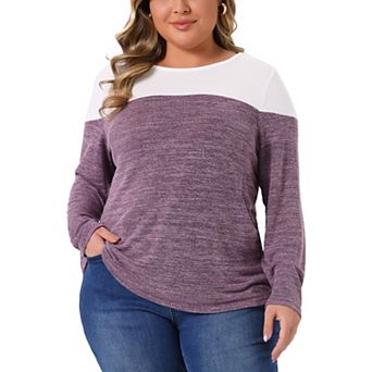 Plus Size Top for Women Color Block Long Sleeve Crewneck Knitted Blouse Loose Pullover Shirts Tops