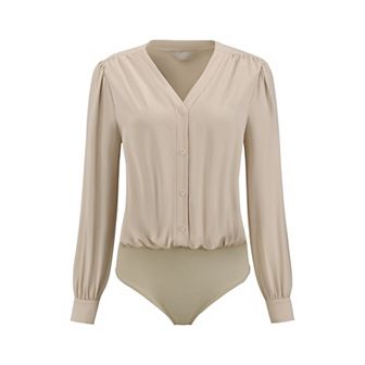 Women's Button Down Bodysuit Long Sleeve V Neck Classic Business Work Shirt Top