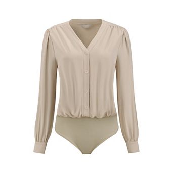 Women's Button Down Bodysuit Long Sleeve V Neck Classic Business Work Shirt Top