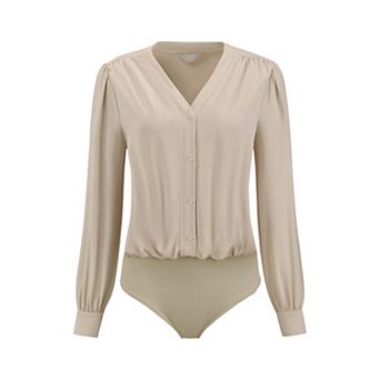 Women's Button Down Bodysuit Long Sleeve V Neck Classic Business Work Shirt Top