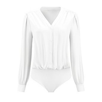 Women's Button Down Bodysuit Long Sleeve V Neck Classic Business Work Shirt Top