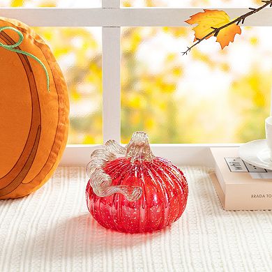 Glitzhome 6" D Fall Round Glass Pumpkin, Hand Blown Crystal Pumpkin Table Accent For Fall Decor