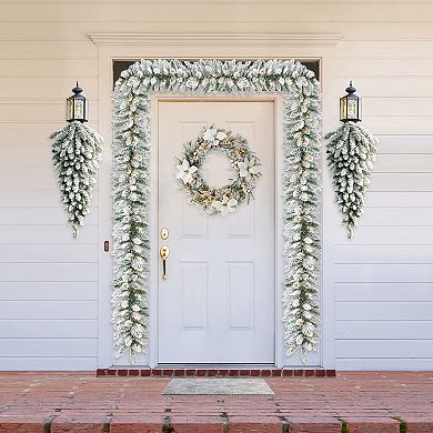 Glitzhome 3ft Pre-Lit Flocked Christmas Teardrop, with 50 Warm White LED Lights and Timer