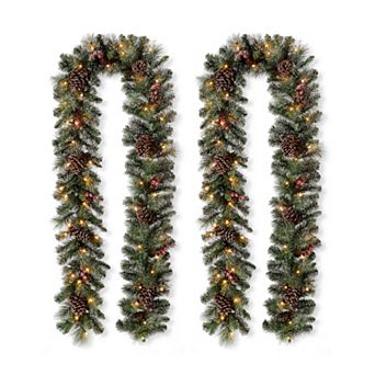 Glitzhome Set of 2 Christmas Garlands, 9ft Pre-Lit Glittered Pine Cone Greenery Garlands