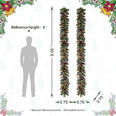 Glitzhome Set of 2 Christmas Garlands, 9ft Pre-Lit Glittered Pine Cone Greenery Garlands
