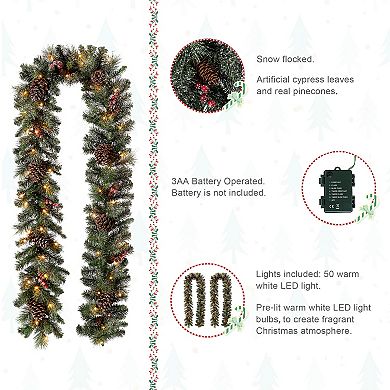 Glitzhome Set of 2 Christmas Garlands, 9ft Pre-Lit Glittered Pine Cone Greenery Garlands