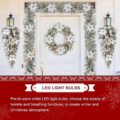 Glitzhome 3ft Pre-Lit Flocked Greenery Pine White Poinsettia and Berries Christmas Teardrop