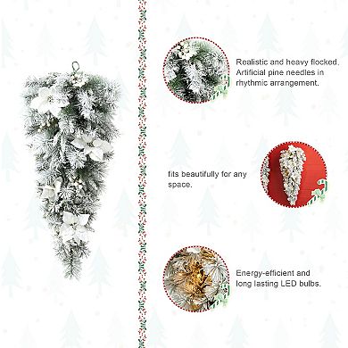 Glitzhome 3ft Pre-Lit Flocked Greenery Pine White Poinsettia and Berries Christmas Teardrop