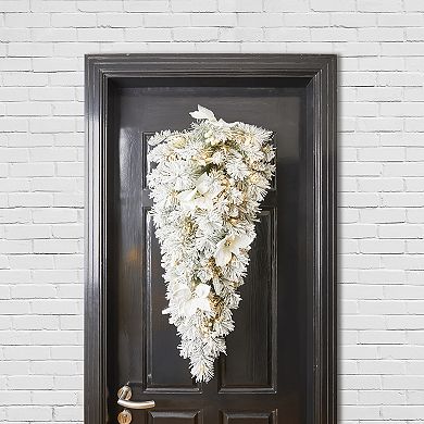 Glitzhome 3ft Pre-Lit Flocked Greenery Pine White Poinsettia and Berries Christmas Teardrop