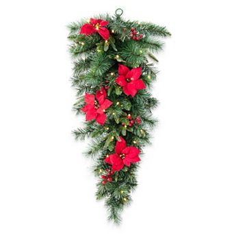 Glitzhome 3ft Pre-Lit Teardrop swag, Greenery Pine Poinsettia and Red Berries Christmas Decor