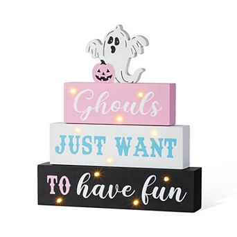 Glitzhome 11.75"H Ghost Block Word Sign, Halloween Lighted Pink Wooden Table Decor
