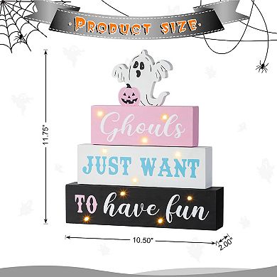 Glitzhome 11.75"H Ghost Block Word Sign, Halloween Lighted Pink Wooden Table Decor