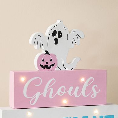 Glitzhome 11.75"H Ghost Block Word Sign, Halloween Lighted Pink Wooden Table Decor