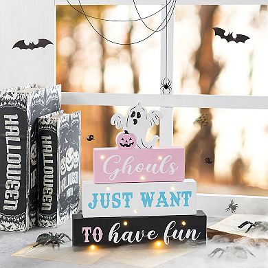 Glitzhome 11.75"H Ghost Block Word Sign, Halloween Lighted Pink Wooden Table Decor