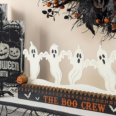 Glitzhome 18"L Ghost Silhouette Countdown Table Sign, Halloween Wooden & Metal Tabletop Decor