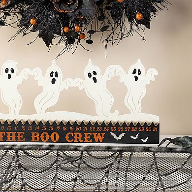 Glitzhome 18"L Ghost Silhouette Countdown Table Sign, Halloween Wooden & Metal Tabletop Decor