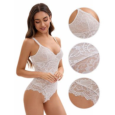 Women's V-Neck Shapewear Jumpsuit Tummy Control Sleeveless Floral Lace Leotard Bodysuit