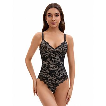 Women's V-Neck Shapewear Jumpsuit Tummy Control Sleeveless Floral Lace Leotard Bodysuit
