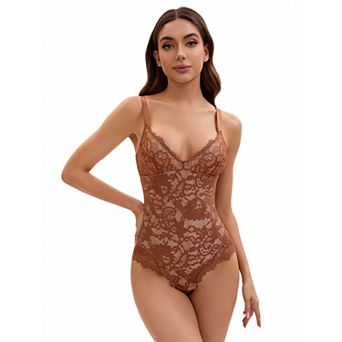 Women's V-Neck Shapewear Jumpsuit Tummy Control Sleeveless Floral Lace Leotard Bodysuit
