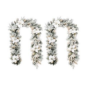Glitzhome 2 pk 6ft Pre-Lit Flocked Greenery Pine White Poinsettia Christmas Garlands