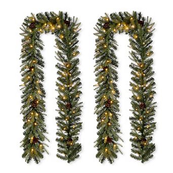 Glitzhome 2 pc Pre-Lit Greenery Pine Cone Flocked Christmas Garlands - 9 ft