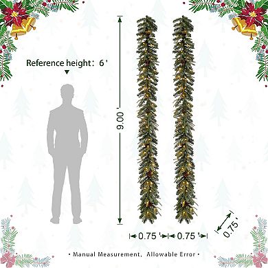 Glitzhome 2PCS Pre-Lit Greenery Pine Cone Flocked Christmas Garlands - 9 ft