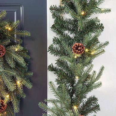 Glitzhome 2PCS Pre-Lit Greenery Pine Cone Flocked Christmas Garlands - 9 ft