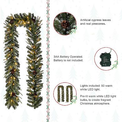 Glitzhome 2PCS Pre-Lit Greenery Pine Cone Flocked Christmas Garlands - 9 ft