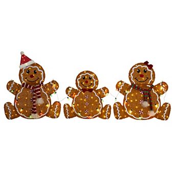 Glitzhome Set of 3 Lighted Christmas Porch Decor, 2D Fabric Gingerbread Family Outdoor Decor