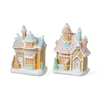 Glitzhome Set of 2 Macaron Resin Village Table Decor, 7"H Christmas Tabletop Centerpiece